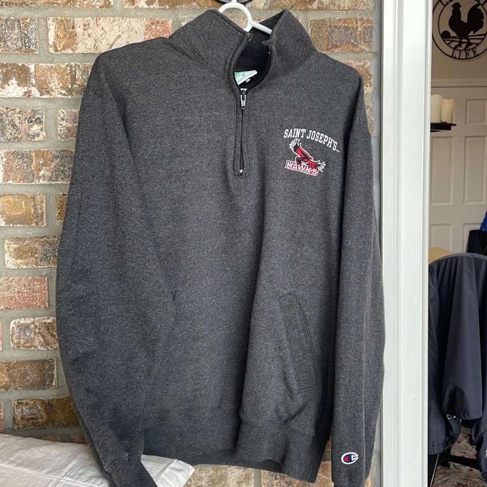 Champion 1/4 zip fleece sweat shirt.  Saint Joseph’s Hawks logo